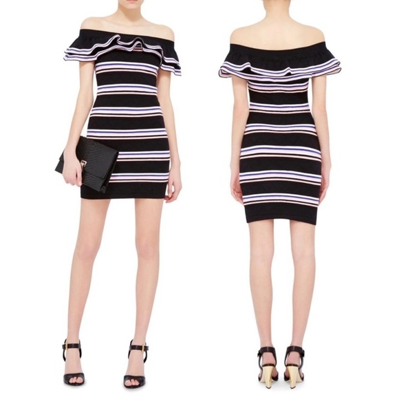 Gianni Bini Black, Blue, White, Burgundy Striped Ruffle Off the Shoulder Dress - Picture 16 of 16